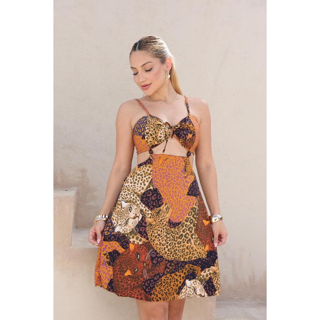 Vestido Feminino Curto Estampa Tropical  Com bojo alça Regulavel  Amarra atrás,Tecido Crepinho  Verão Tendencia