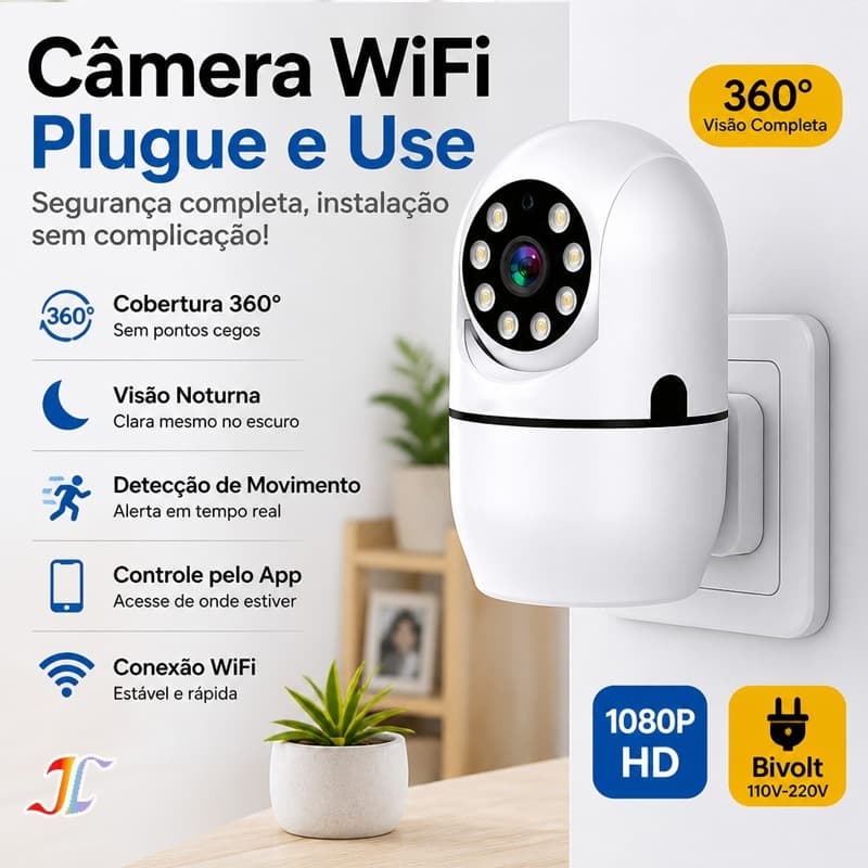 Câmera de Monitoramento Interno 3MP com Plugue WiFi 1080P 360 Câmera IP Infravermelho P07