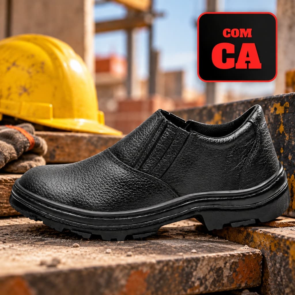 Botina Segurança Masculina EPI Com CA Couro Bico PVC Antiderrapante Trabalho Obra Construção Civil Industrial