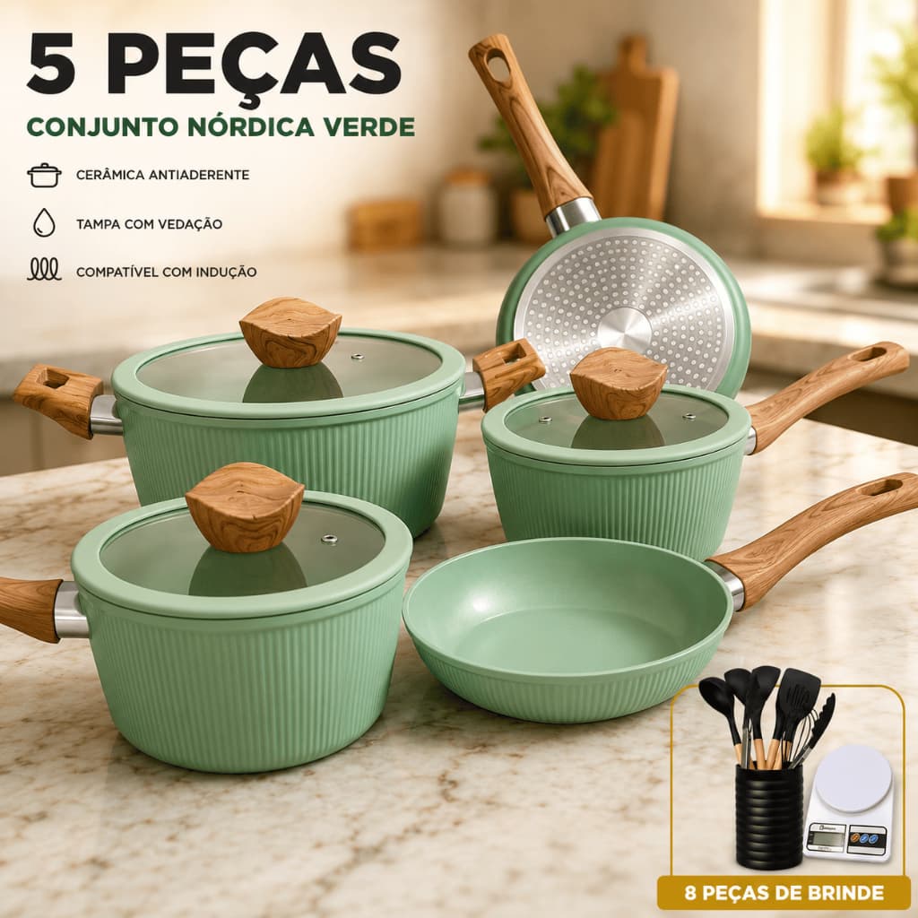 Jogo de Panelas com 5 Peças Verde Revestimento Cerâmico Antiaderente Tampa com Borda de Silicone + Brindes 8 Utensilios