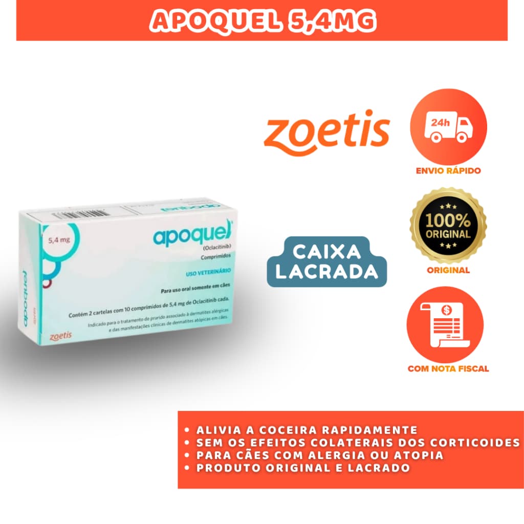 APOQUEL 5,4MG COM 20 COMPRIMIDOS PARA CÃES TRATAMENTO DE COCEIRA, DERMATITE CANINA E ALERGIAS