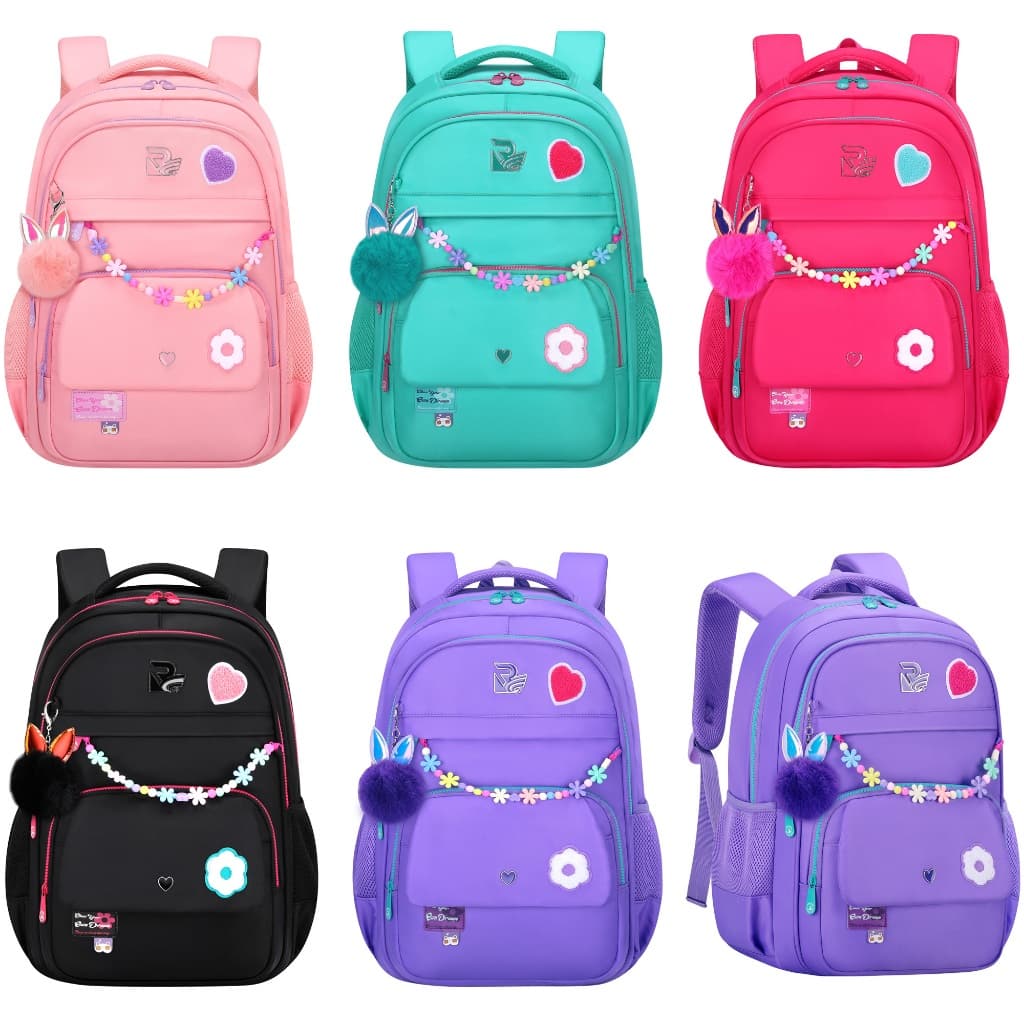 Mochila feminina grande impermeável com pompom pelúcia e alça miçangas escolar viagem notebook moda