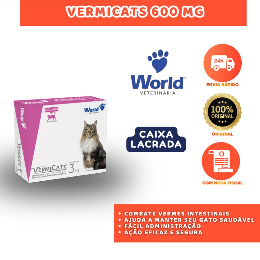 VERMÍFUGO PARA GATOS VERMICATS 600MG CONTROLE DE VERMES INTESTINAIS EFICAZ