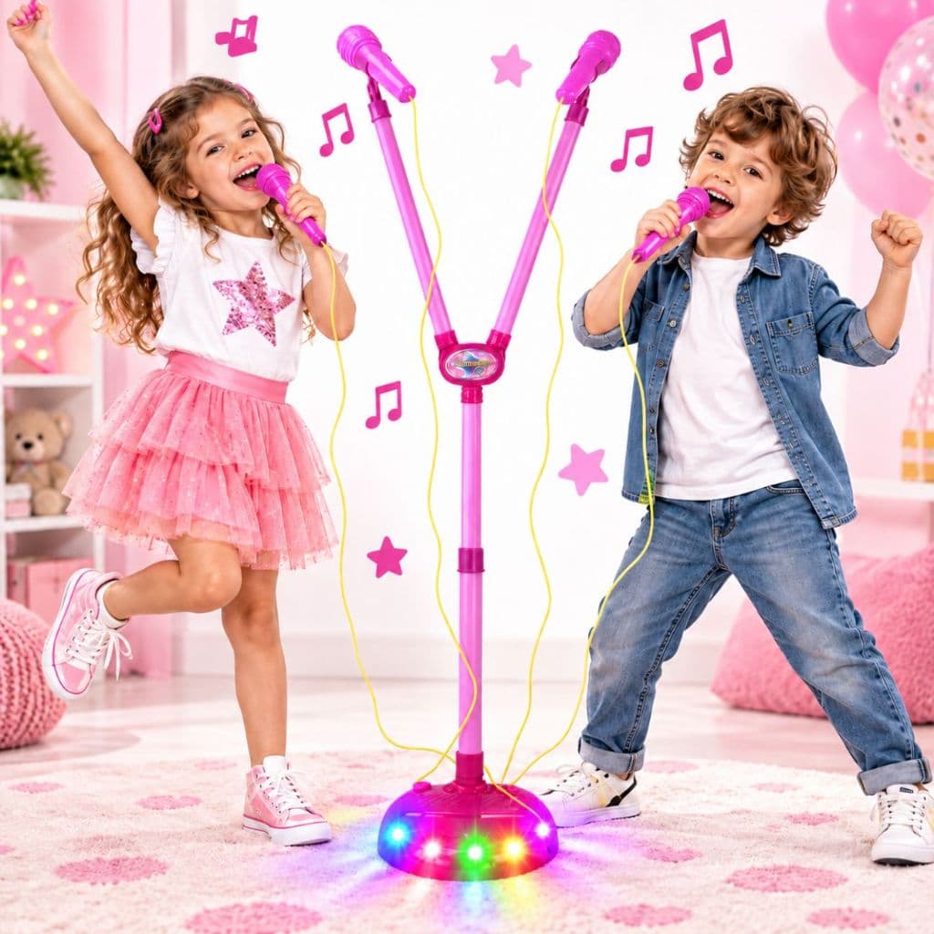 Microfone Infantil Karaokê Duplo com Pedestal Ajustável Luzes LED e Som Presente Criança