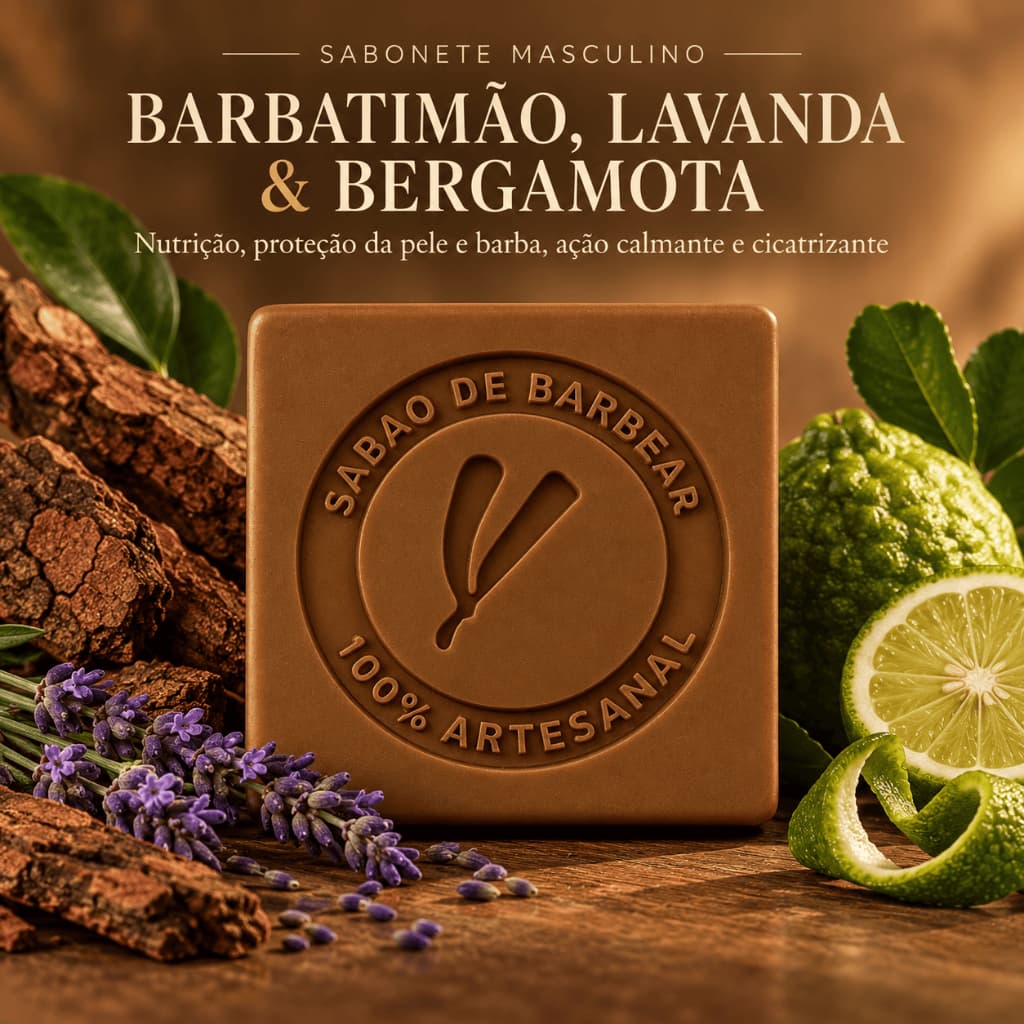 Sabonete Masculino Barbatimão, Lavanda & Bergamota 90g | Com Óleos Vegetais | Calmante e Restaurador