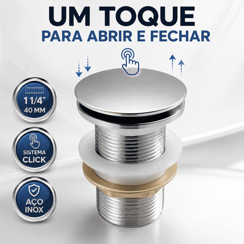 Válvula Click Inox Inteligente Cubas Lavatório Banheiro 1" e 1/4 Grande