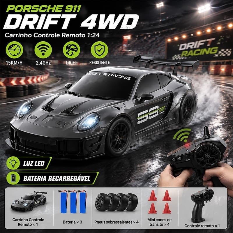 Carrinho RC Porsche 911 Drift 4WD 1:24 15KM/H Luz LED Controle Remoto 2.4GHz Bateria Recarregável
