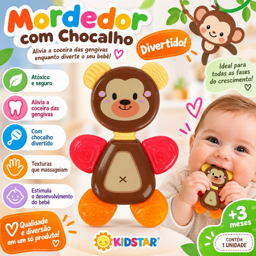 Mordedor com Chocalho Macaco Kitstar - Alívio para Dentição Refrescante
