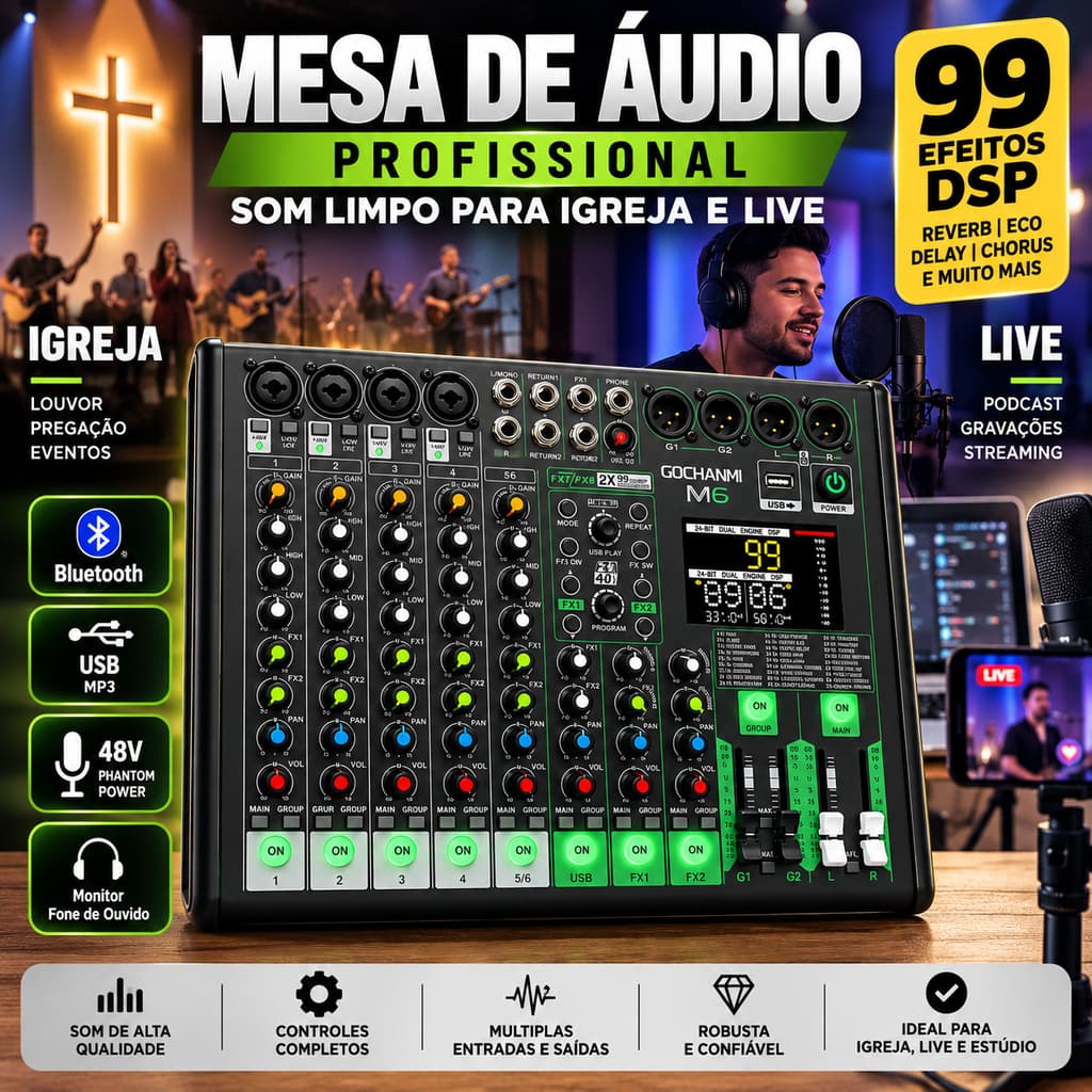Mesa de Som M6 6 Canais 99 Efeitos DSP Bluetooth USB +48V para Igreja Live Podcast