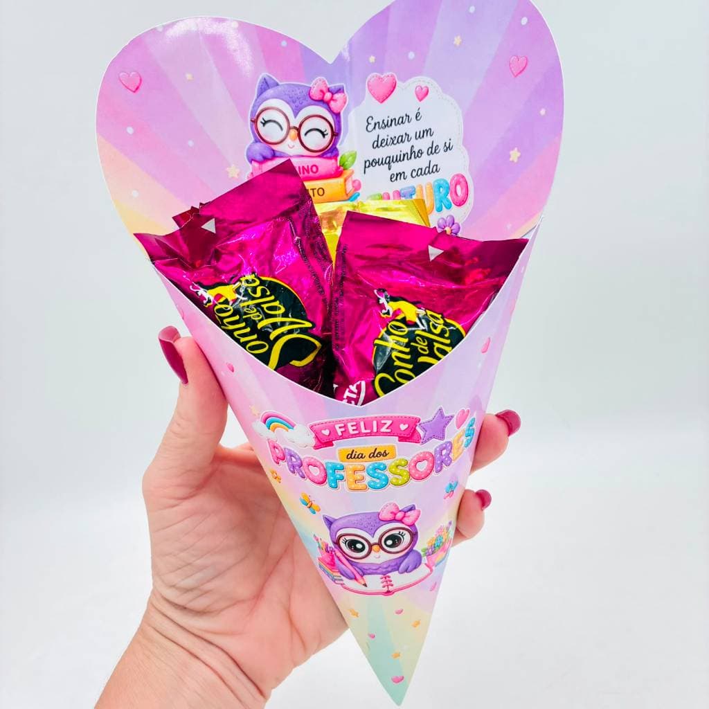 Embalagem Cone Buquê de bombons para Presente Professores  Mimo Papelaria Personalizada Lembrancinha Dia dos Professores