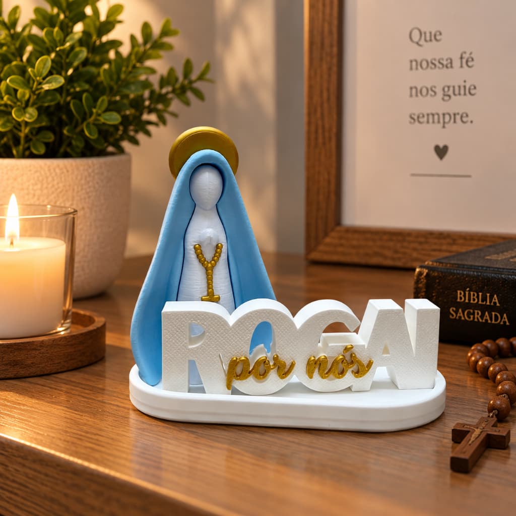 Kit Escultura Nossa Senhora Aparecida Decorativa Varias Cores Letreiro Rogai Por Nós
