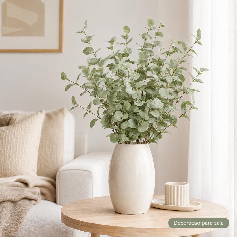 Kit 6 Galhos de Eucalipto Coração Artificial 60cm, Folhagem Verde para Vaso, Arranjos, Casa, Festa e Decoração