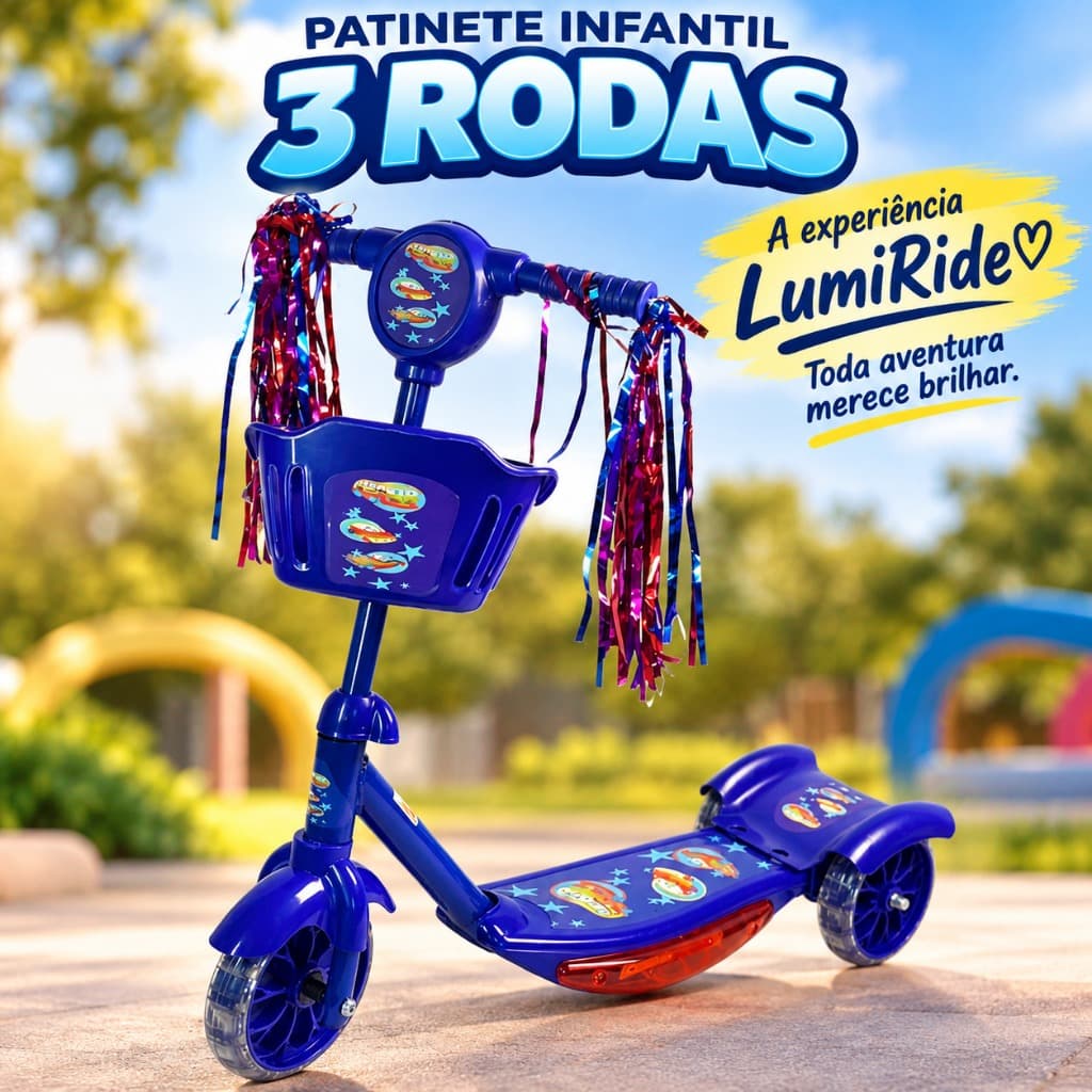 Patinete Infantil 3 Rodas Dobrável com Som, Luz, Cestinha e Rodas com Brilho Azul