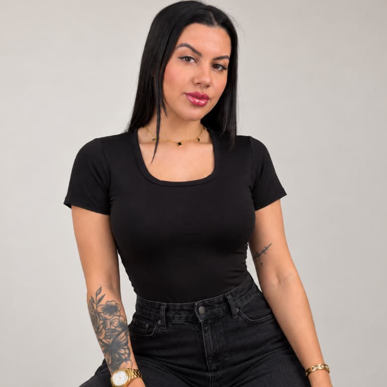 Body Decote Quadrado Manga Curta Suplex Feminino Luxo Lançamento Versátil Estilosa