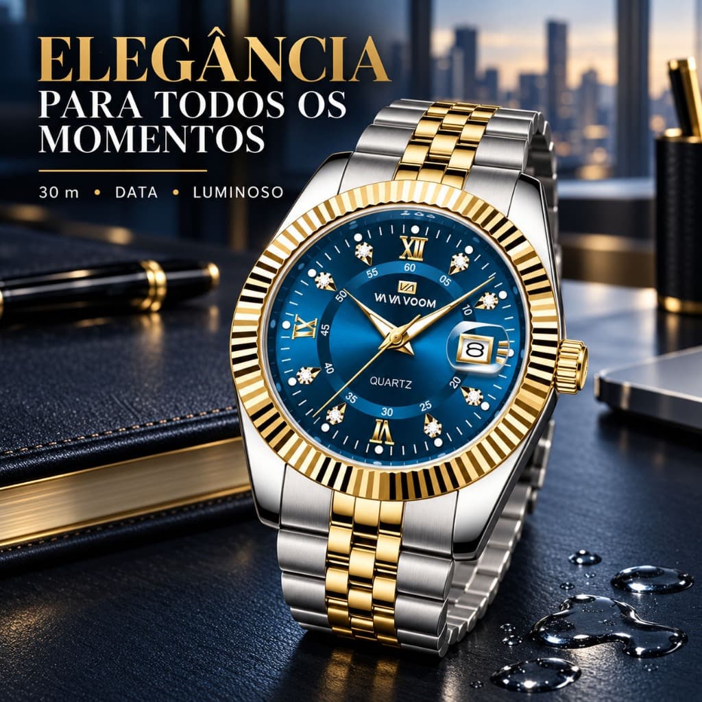 Vavavoom Relógio Masculino Calendário Diamante luminoso Borboleta Fivela Aço Inoxidável Movimento De Quartzo