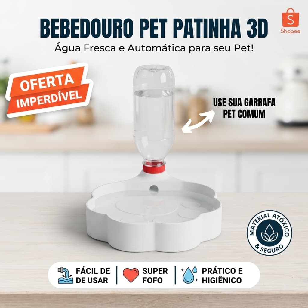 Bebedouro Comedouro Automático Pet Patinha 3D | Garrafa Pet Cães Gatos