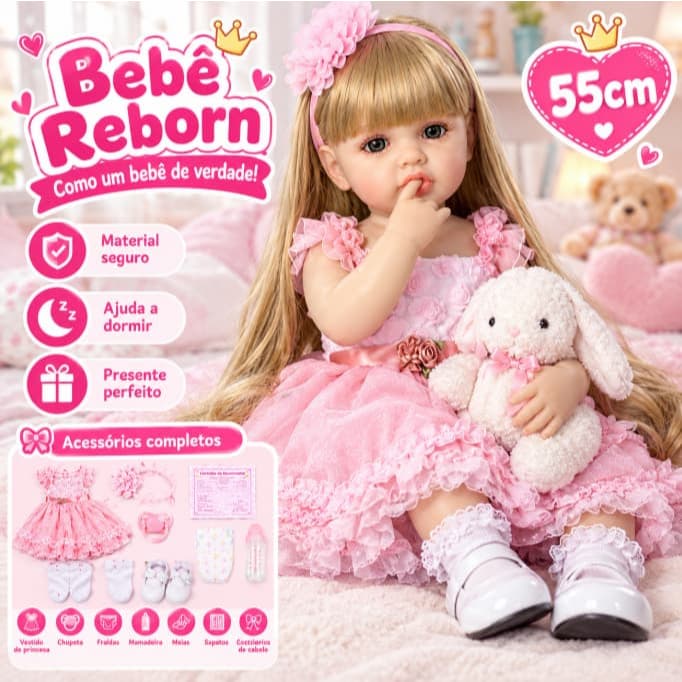 Bebê Reborn Menina 55cm Boneca Silicone com Acessórios Pode dar Banho