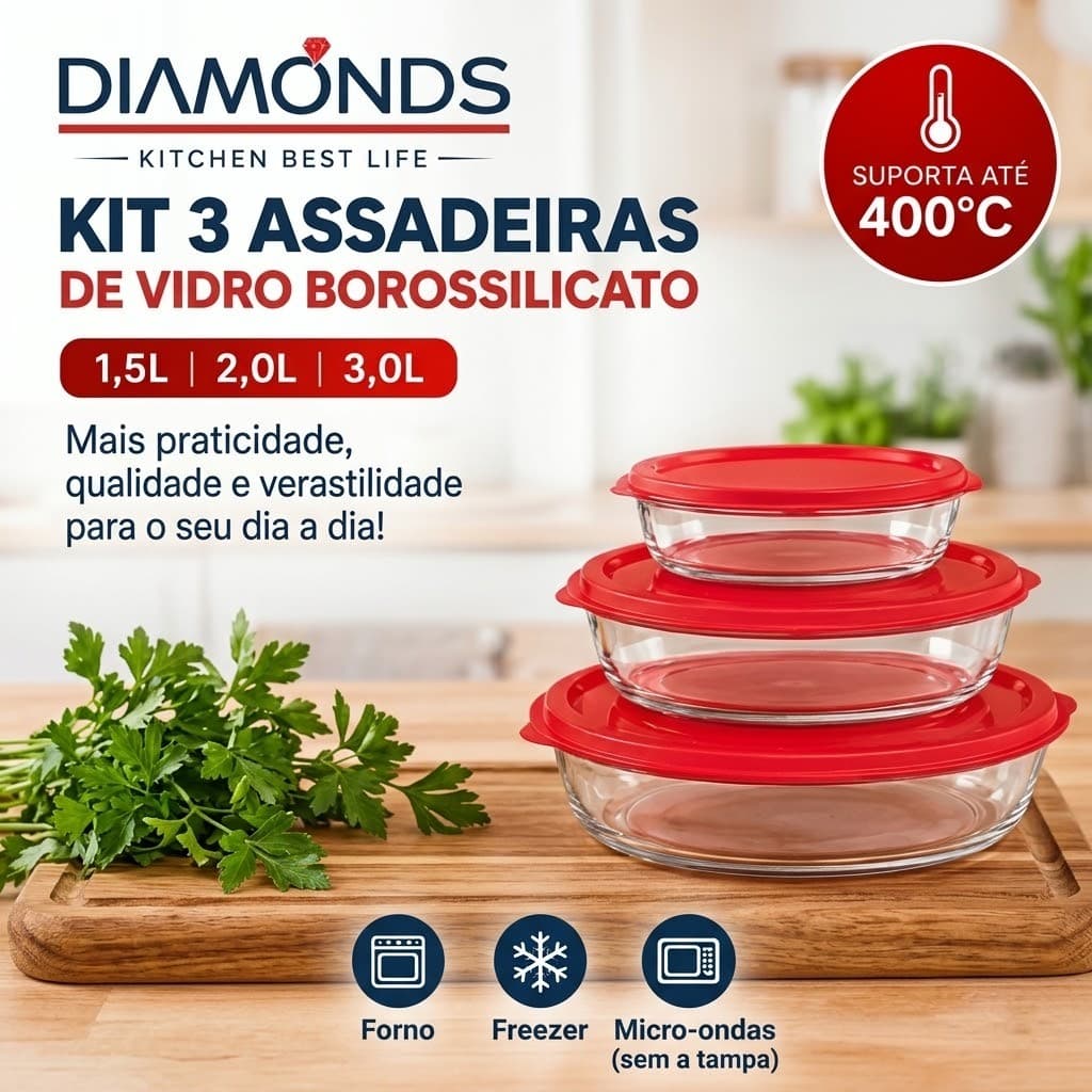 Kit 3 Assadeiras Travessa de Vidro Oval com Tampa Forno Micro-ondas Airfray Freezer 1,5l 2l e 3l