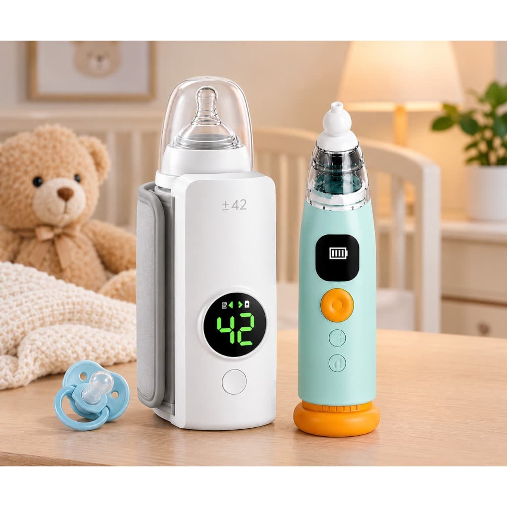 Kit 01 Aspirador Nasal Elétrico Infantil para Bebê USB com LED + 01 Aquecedor De Mamadeira Portátil Usb Sem Fio