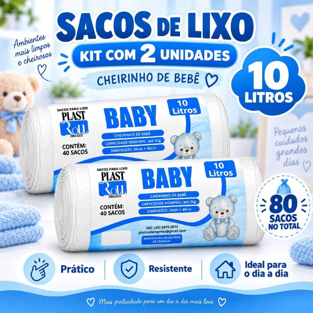 Kit 2 Saco de Lixo Perfumado Aromatizante Baby 35x40cm 80 Sacos Talco Reforçado Banheiro Pia Cozinha Não Vaza