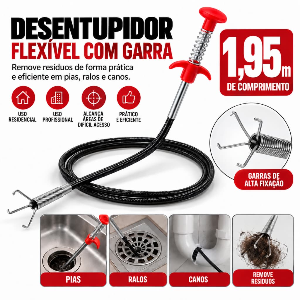 Desentupidor de Pia e Ralo Flexível com Garra 1,95m Pegador de Cabelo Mola para Cano Vaso Sanitário