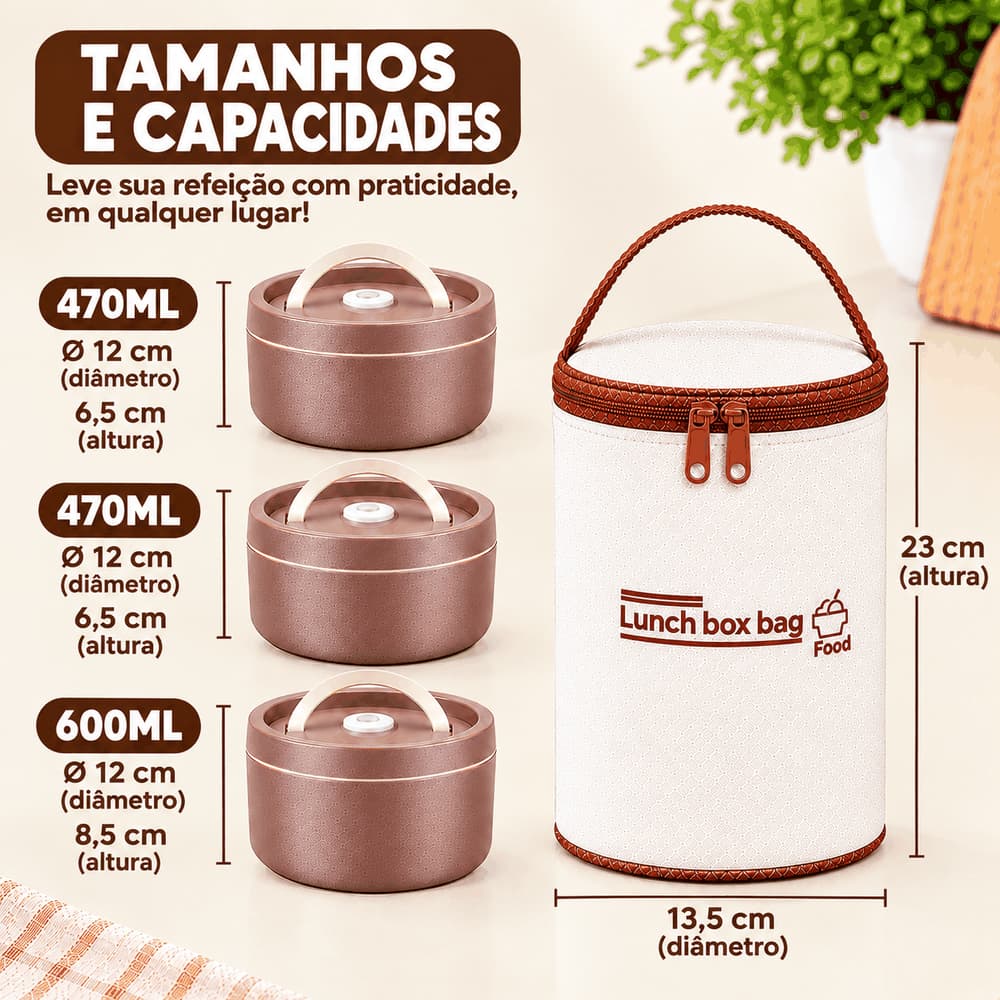 Lancheira/Recipiente Térmico portátil Isolamento Térmico em Aço Inoxidável 304 multifuncional ideal para almoço e janta