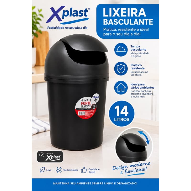 LIXEIRA BANHEIRO COZINHA BASCULANTE 14 LITROS BANHEIRO COZINHA XPLAST MULTIUSO PRETA