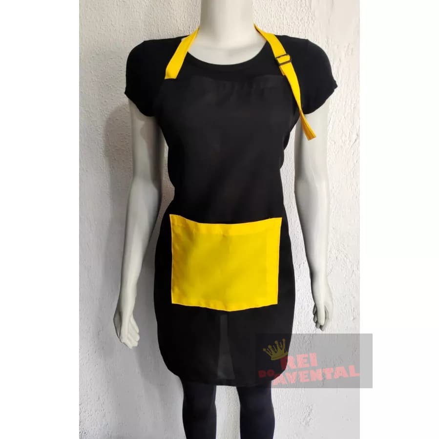 Kit Avental para cozinha c/Touca de oxford Profissional Preto com Amarelo
