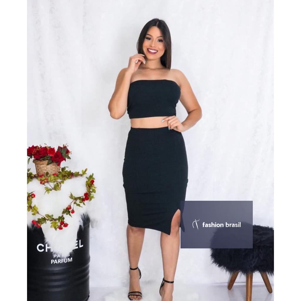 Saia Midi Fenda Coxa Canelada Colada Moda Feminina
