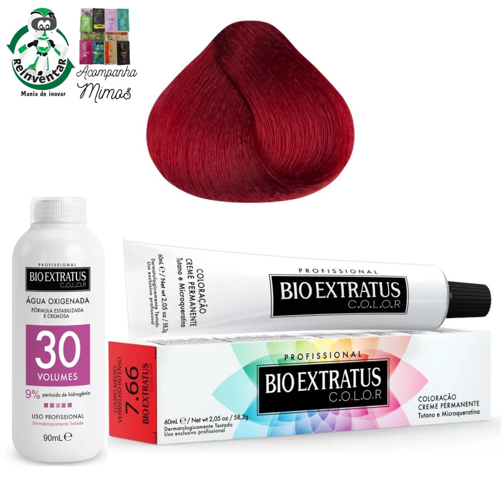 Kit Coloração Bio Extratus 7.66 Louro Médio Vermelho Intenso + Água Oxigenada 30 volumes