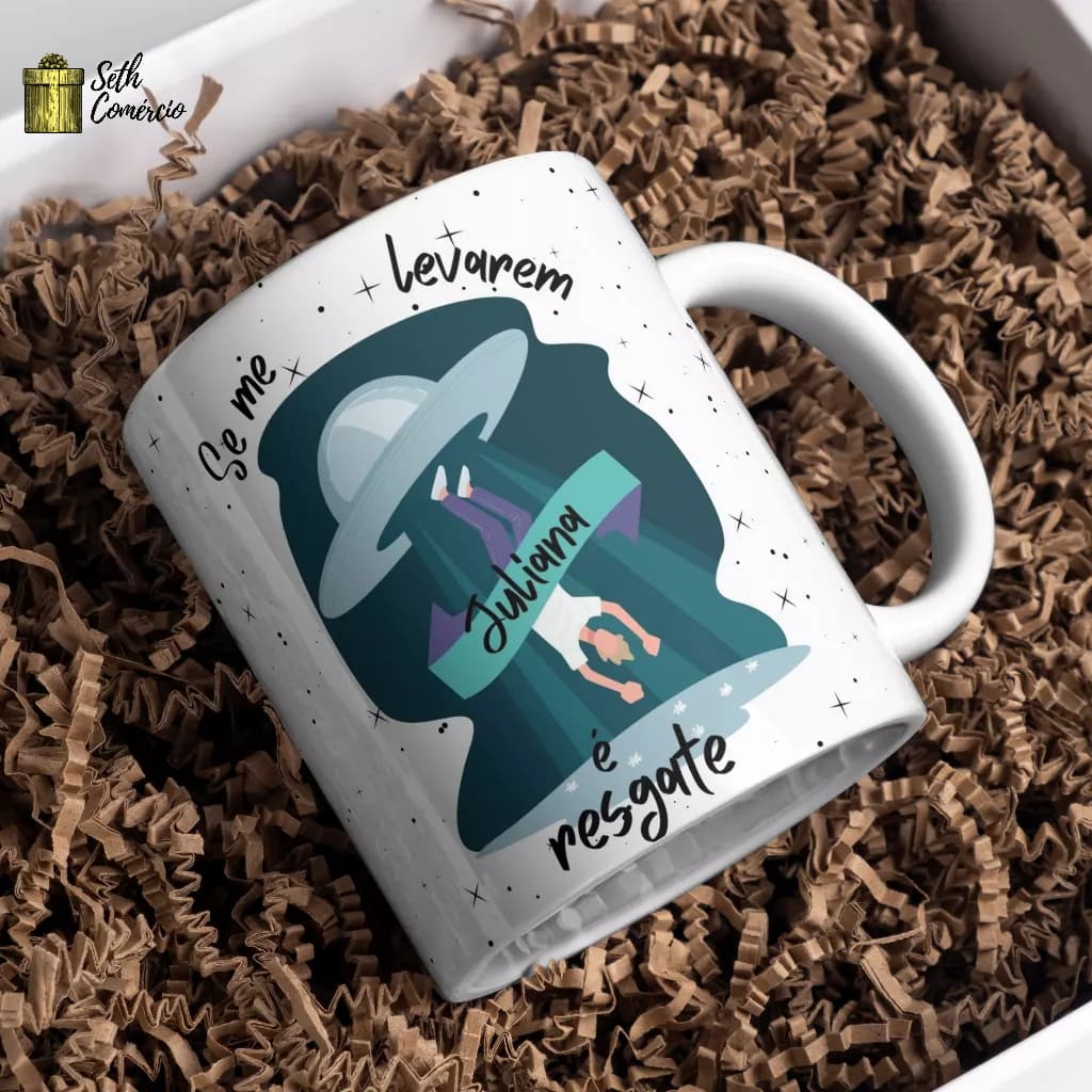 Caneca Porcelana Resgate Abdução com Nome Presente Alien Et