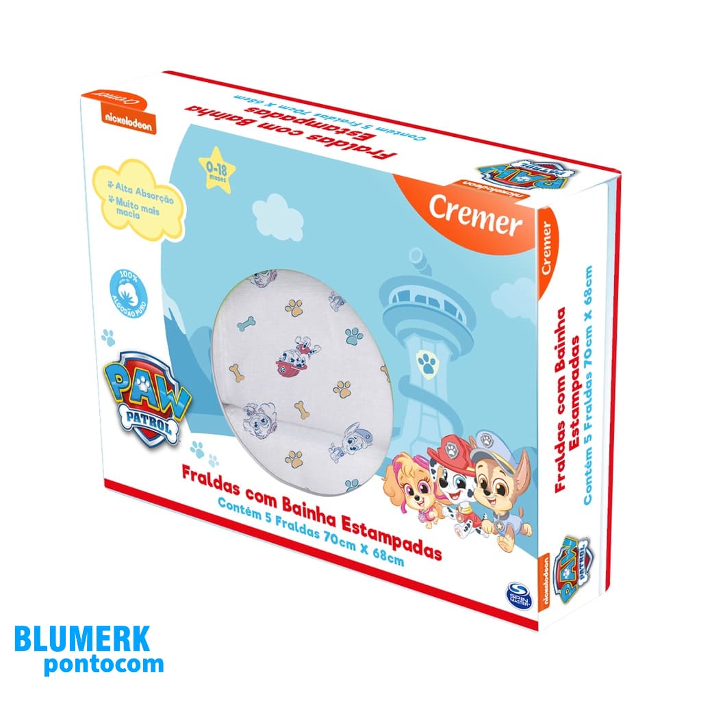 Fralda Patrulha Canina Com Bainha 5 Unidades 70x68  | CREMER
