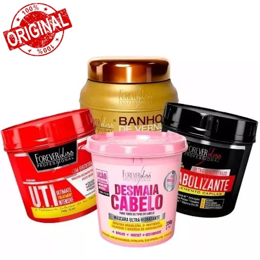 Cronograma Forever Liss Desmaia Cabelo 350g + Uti 240g + Anabolizante 240g + Banho de Verniz 250g