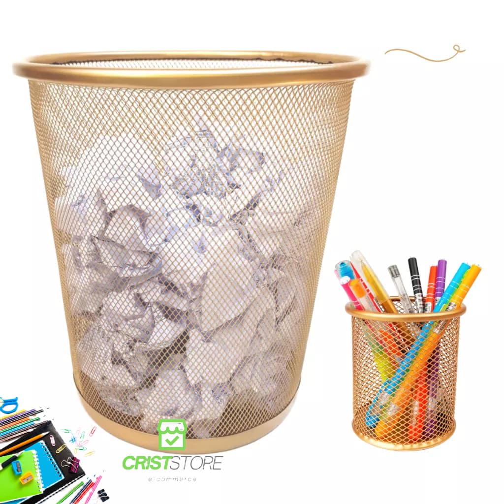 KIT LIXEIRA ESCRITÓRIO E PORTA CANETA DOURADO