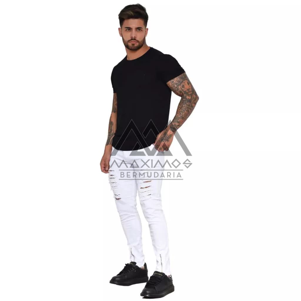 Calça Jeans Masculina Preta Rasgada Destroyed Skinny Zíper
