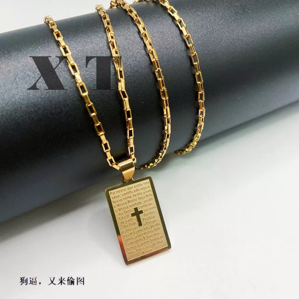 colar masculina corrente banhada a ouro 18k em aço inoxidável pingente praca pai nosso