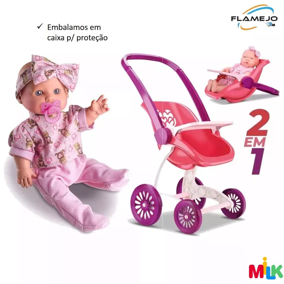 Boneca faz xixi Milk babys mais Carrinho de passeio Confort Baby 2 em 1 Kit