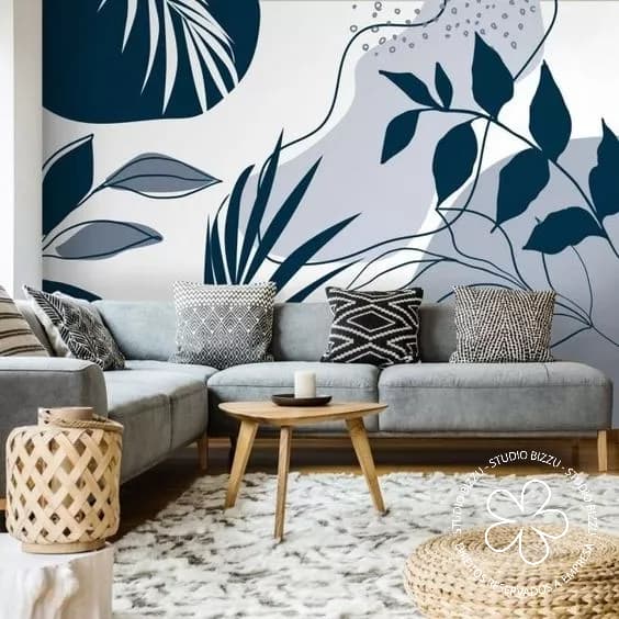 Papel de Parede de Folhas Azuis Boho