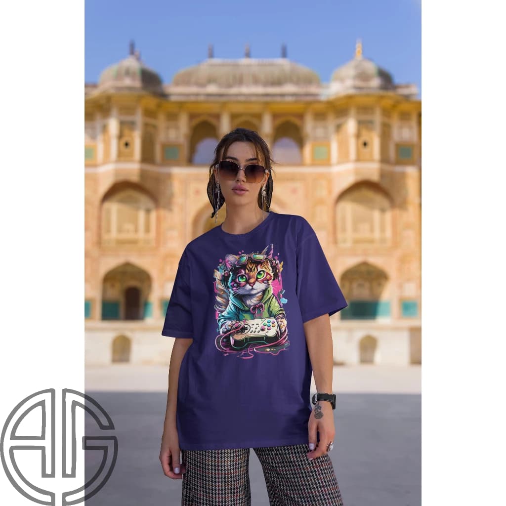 Camiseta T-Shirt Feminina Camisão Gatinho Gamer Colorido Streamer Live.