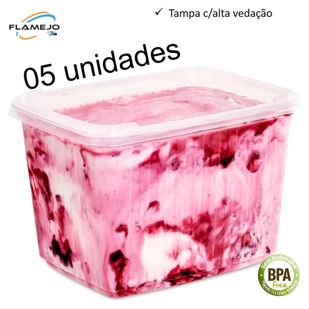 Pote sorvete 2 litros transparente 5 unidades c/ tampa alta vedação BP Potes