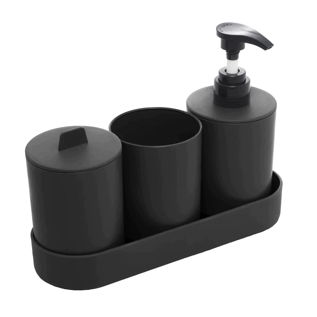 Kit Banheiro Lyor 4 Peças PP e Bambu – Conjunto Porta Sabonete Líquido, Escova e Acessórios