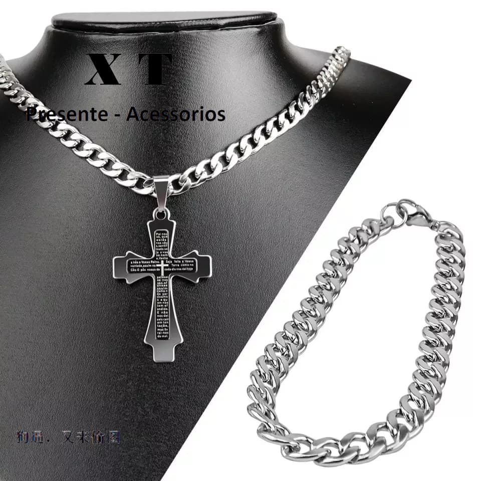 Kit Corrente e Pulseira cordao masculino Cruz prata aço inox pingente Crucifixo pai nosso