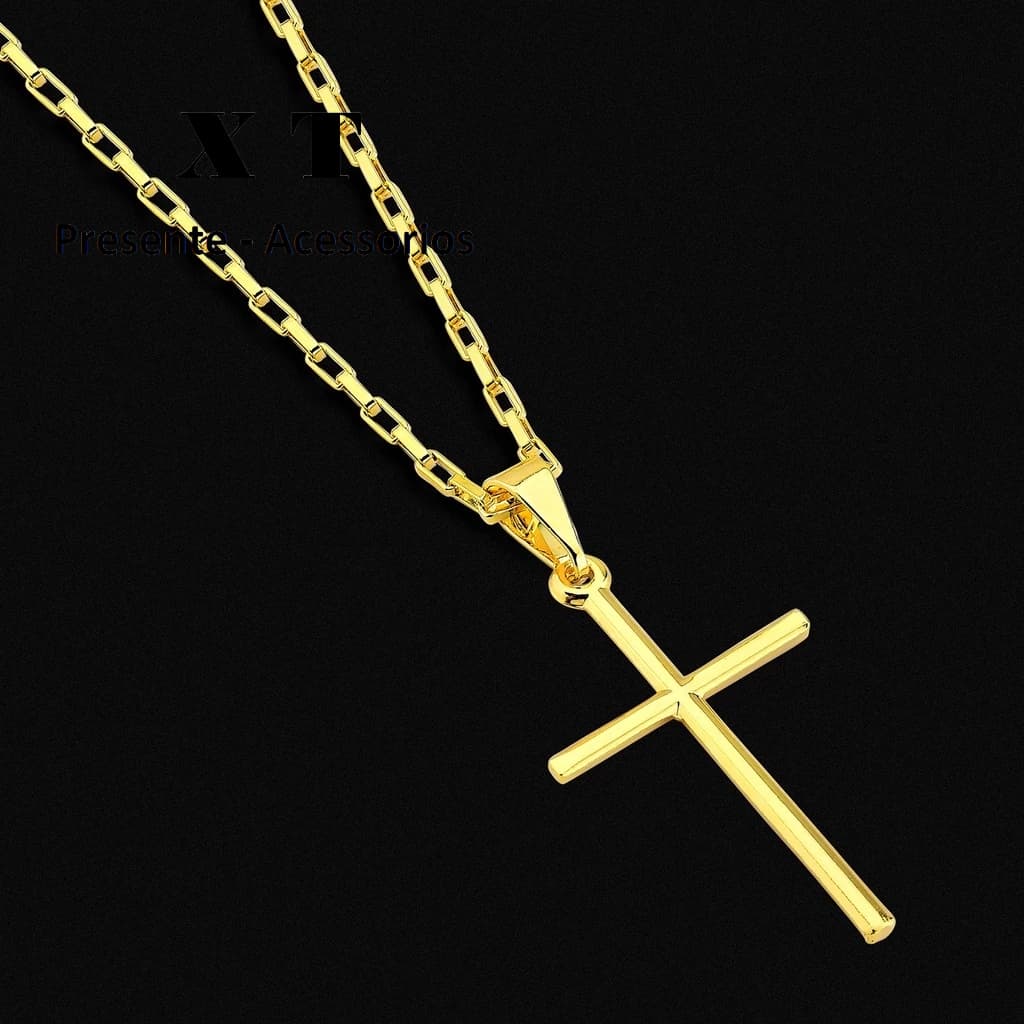 conjunto Colar + Pingente Cruz Palito Banhados a ouro 18k Cordão Cartier Masculina Crucifixo Moeda Antiga