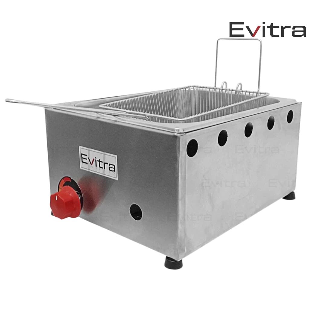 Fritadeira a gás em inox 5 litros Evitra para batata frita salgadinho kibe churros cesto removedor