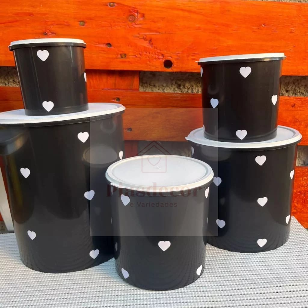 Jogo de mantimentos Kit 5 peças adesivados Coração cozinha Preto plástico