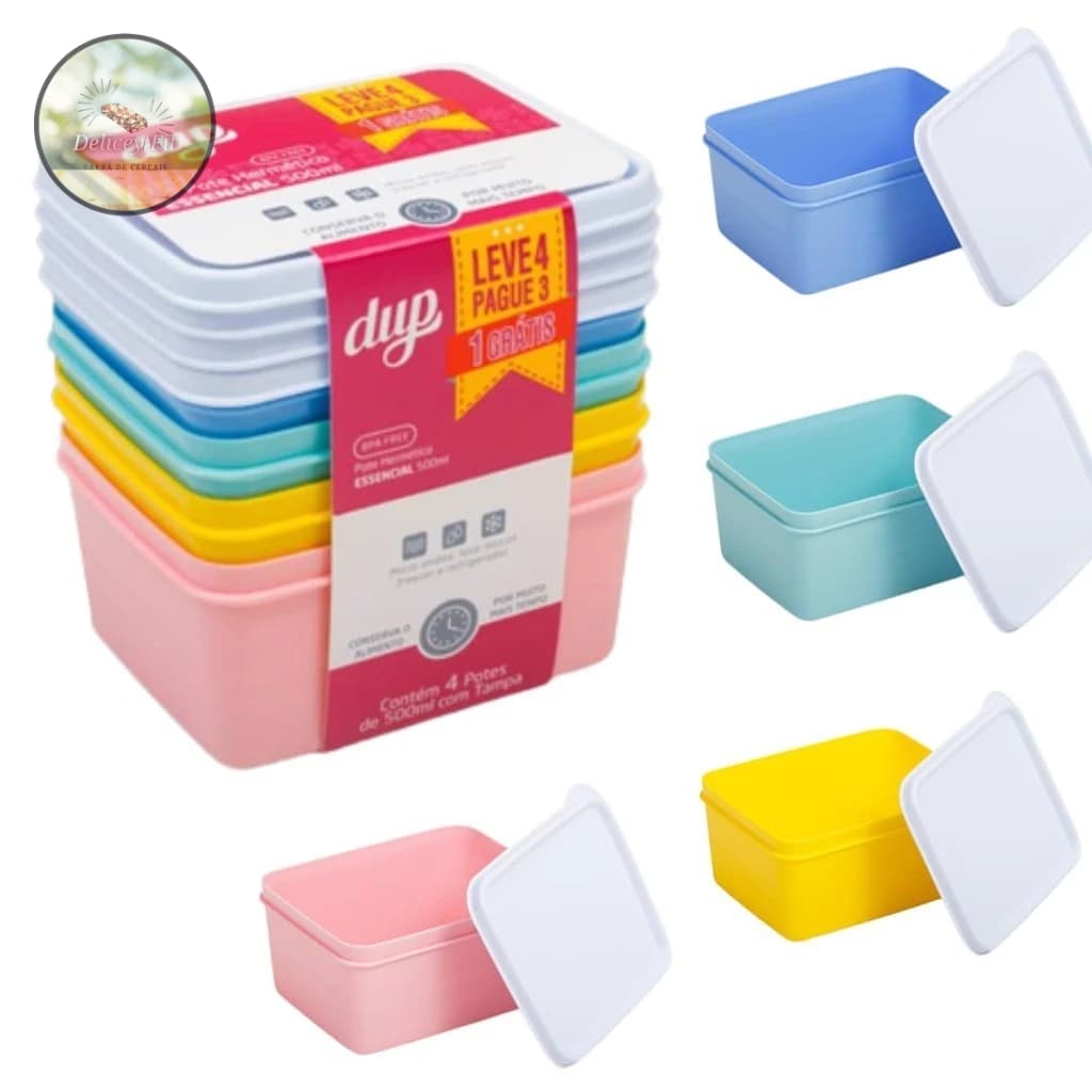 KIT 4 Potes Herméticos Essencial DUP 500ml Micro-Ondas Lava-Louças Freezer Bpa Free