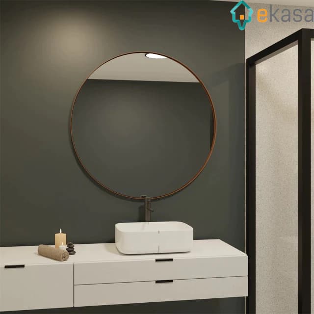 Espelho Redondo Decorativo Adnet Sem Alça Moldura Couro Legítimo Quarto Banheiro Sala