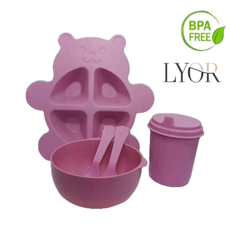 Kit Papinha Baby 5 Peças Copo Prato Colherzinha Garfinho Copo com Tampa e Bico Bambu e PP Baby Bear livre de BPA  - Lyor
