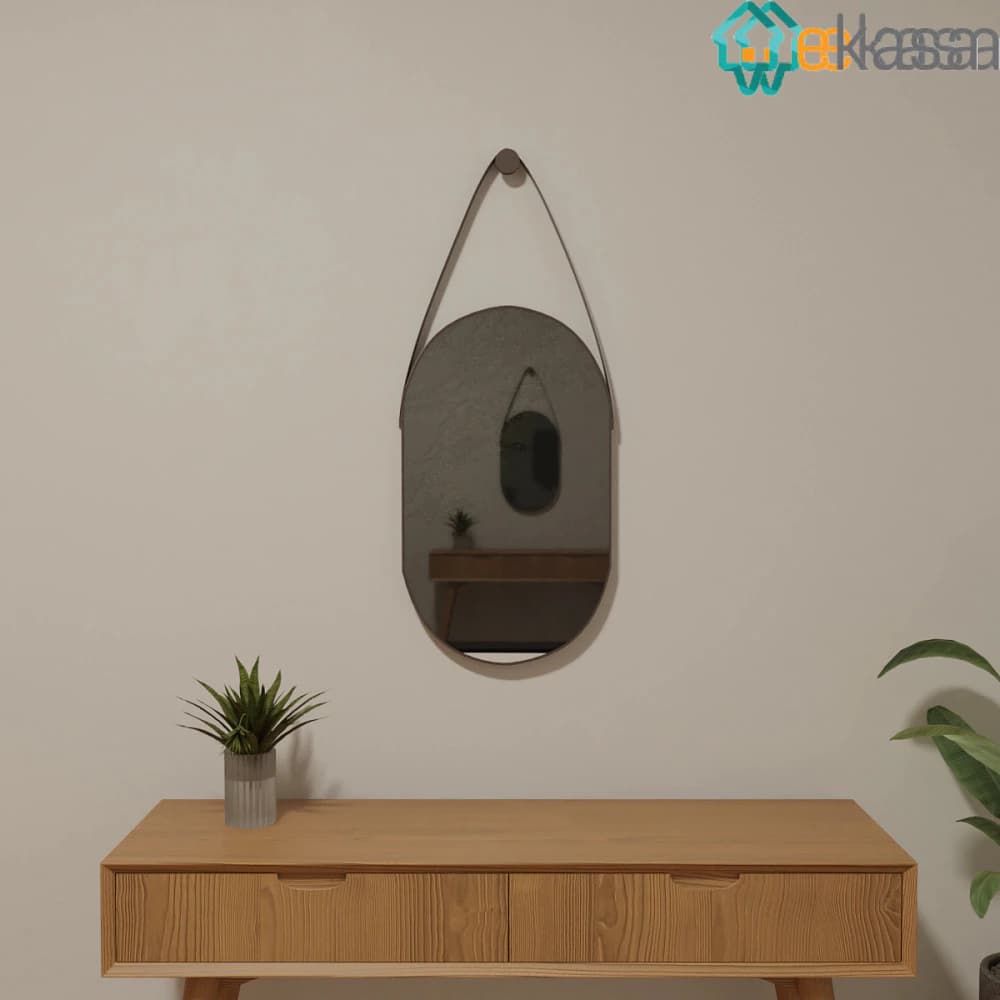 Espelho Adnet Oval Decorativo Com Alça Moldura Couro Legítimo Quarto Banheiro Sala