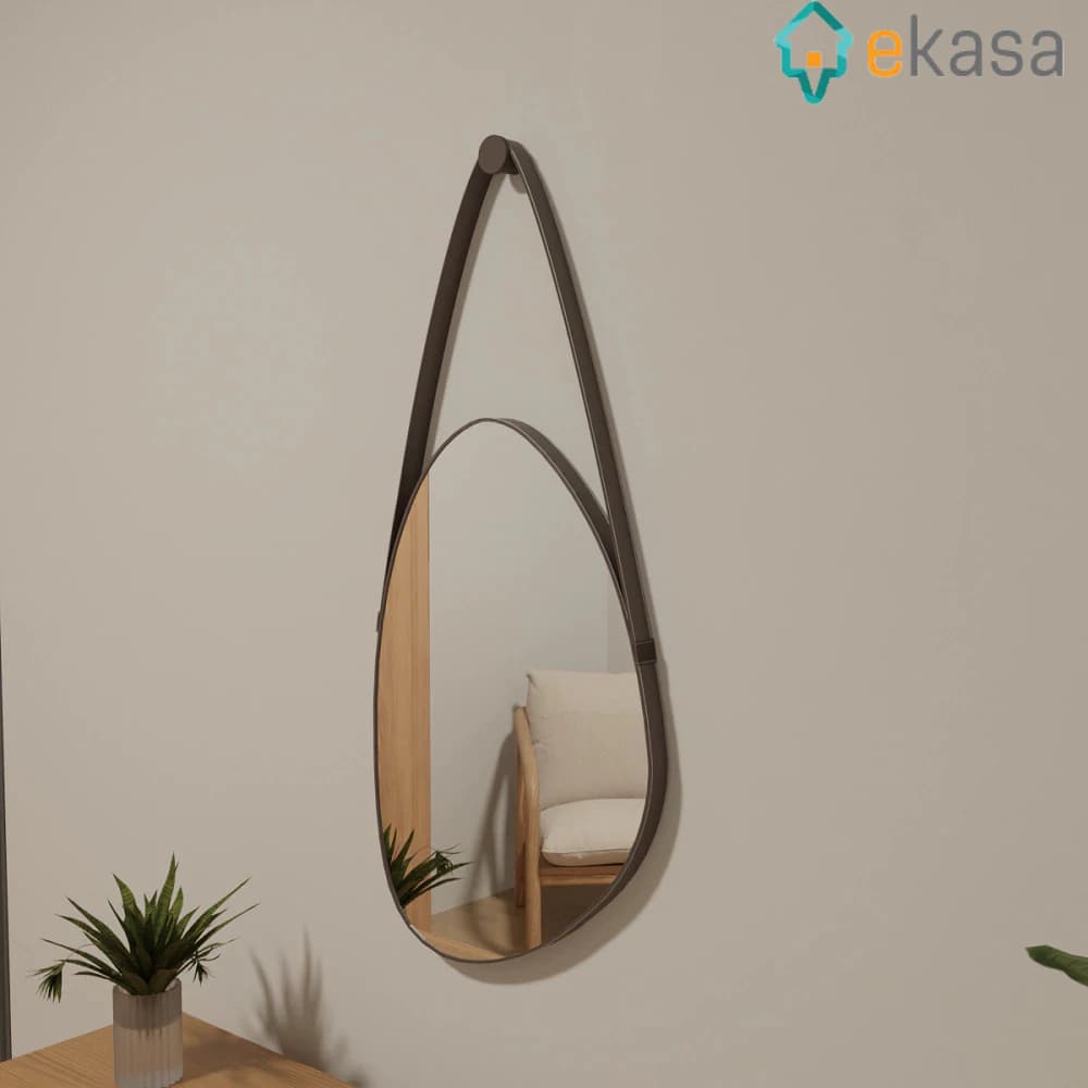 Espelho Adnet Organico Decorativo Com Alça Moldura Couro Legítimo Quarto Banheiro Sala